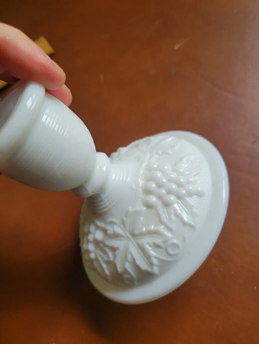 Taper Candle in Warm Apricot with White Milk Glass Holder